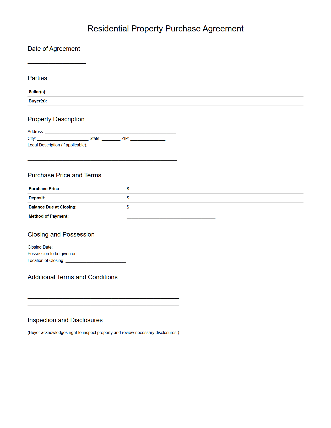 Residential Property Purchase Agreement Sample