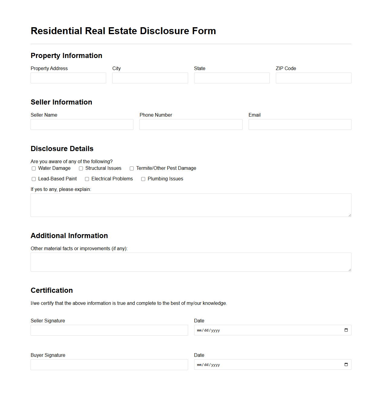 Residential Real Estate Disclosure Form Sample