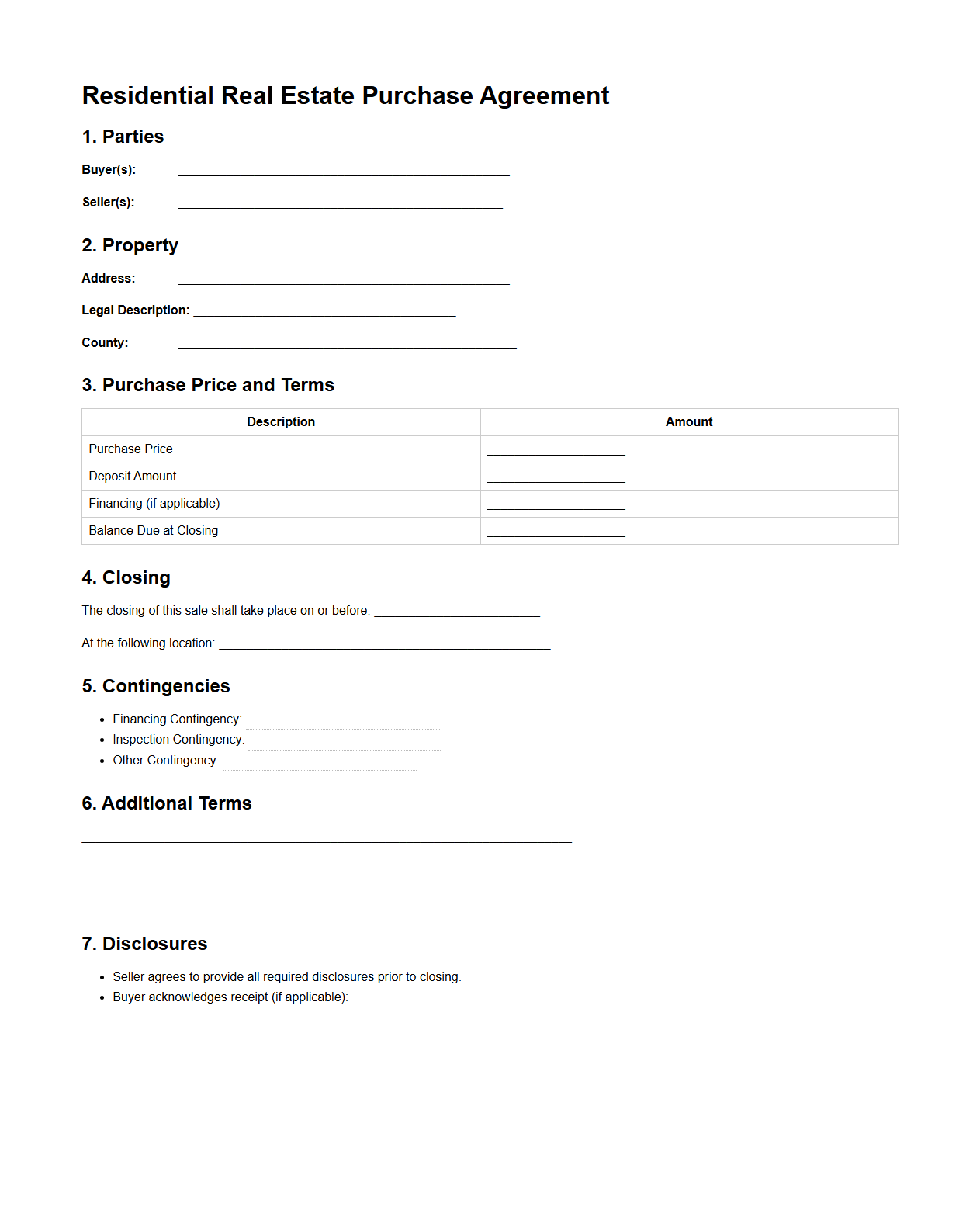 Residential Real Estate Purchase Agreement Template