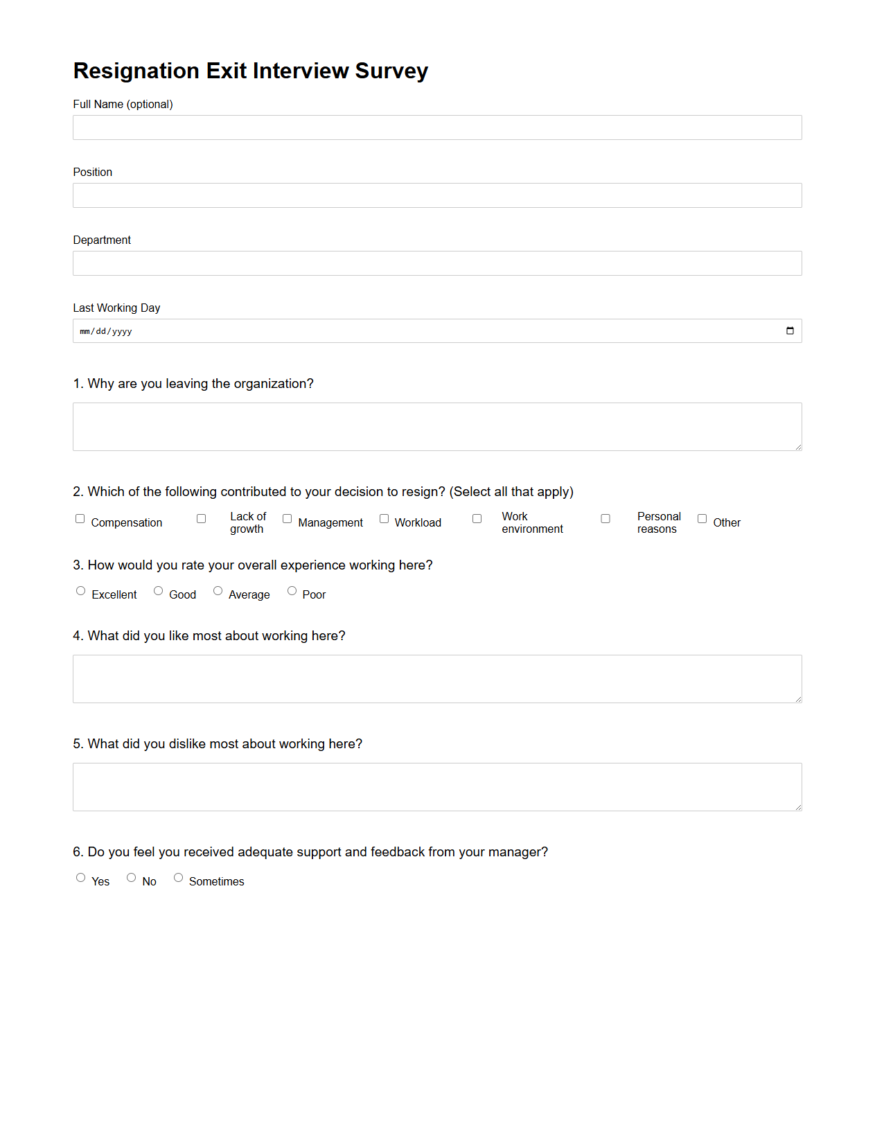 Resignation Exit Interview Survey Template