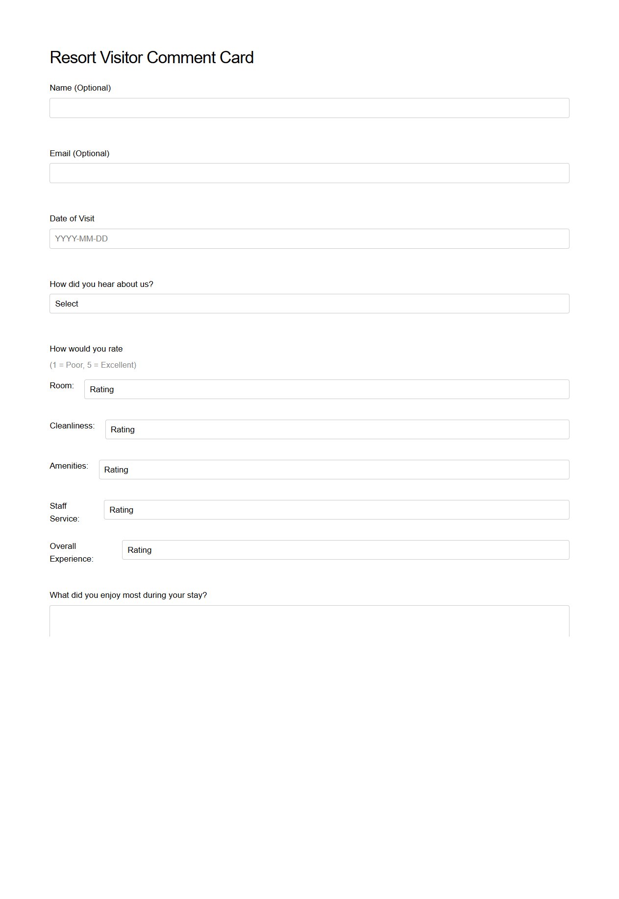 Resort Visitor Comment Card Example