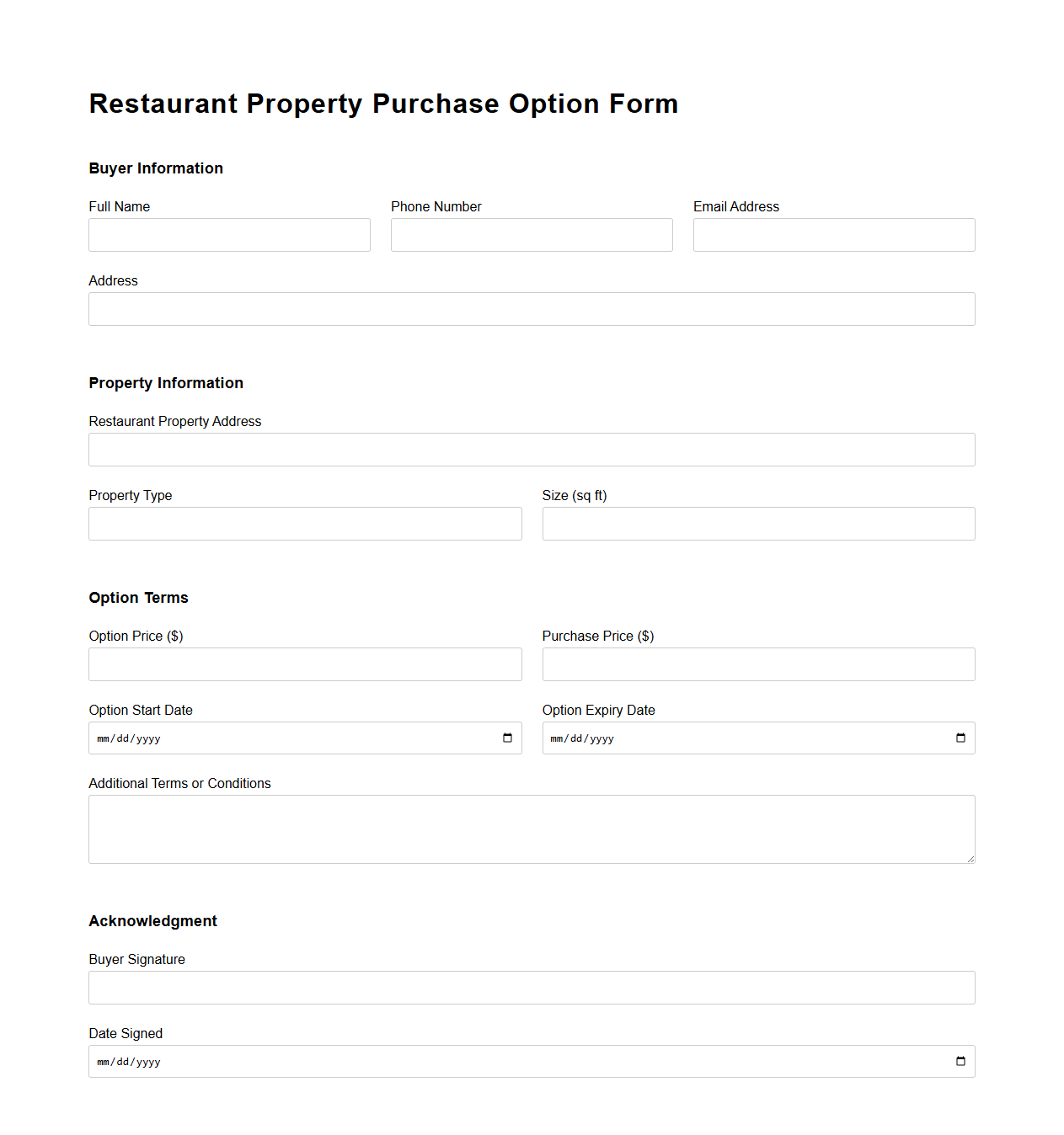 Restaurant Property Purchase Option Form Sample