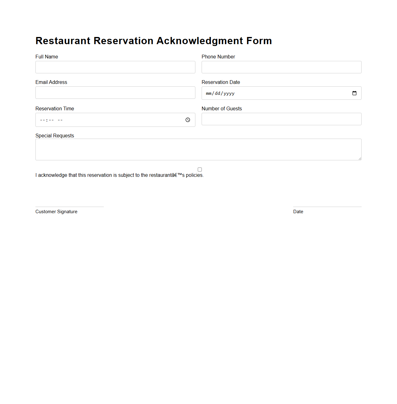 Restaurant Reservation Acknowledgment Form Sample