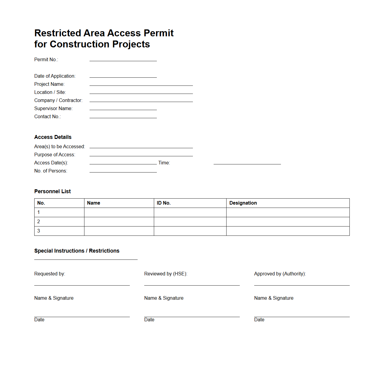 Restricted Area Access Permit for Construction Projects