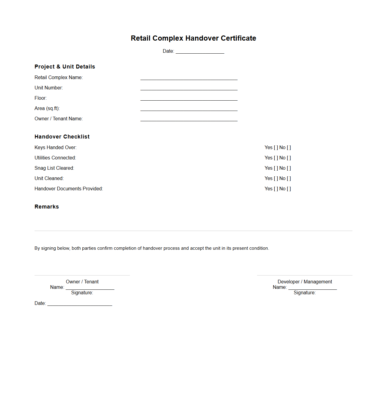 Retail Complex Handover Certificate Structure
