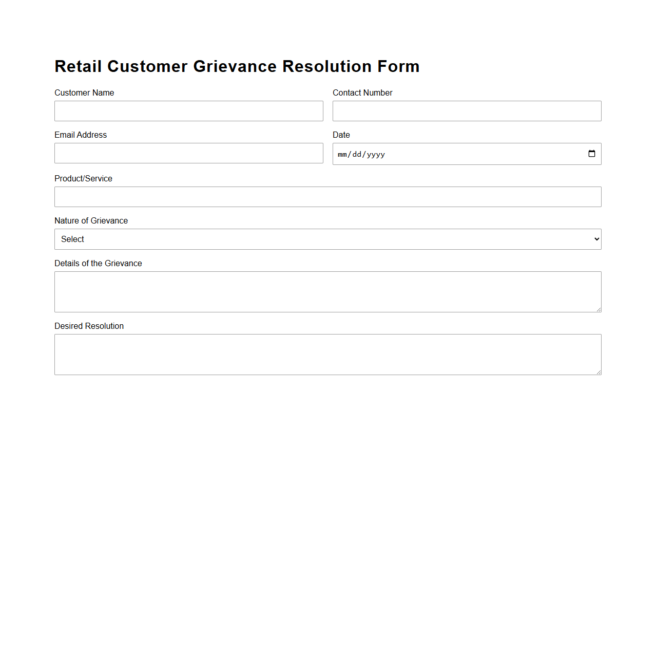 Retail Customer Grievance Resolution Form