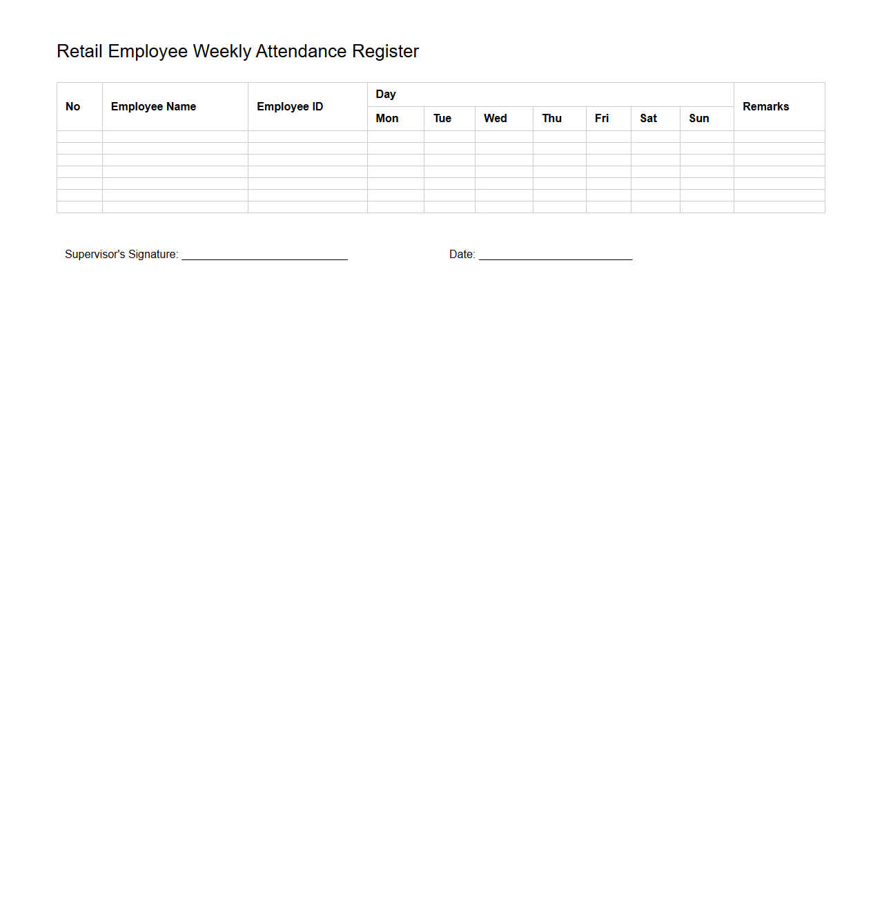Retail Employee Weekly Attendance Register