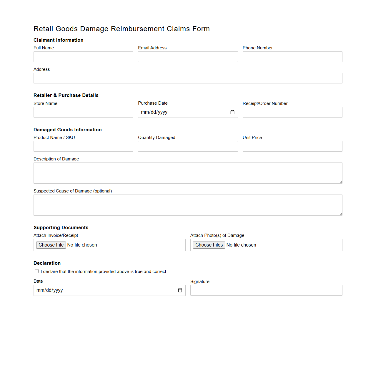 Retail Goods Damage Reimbursement Claims Form