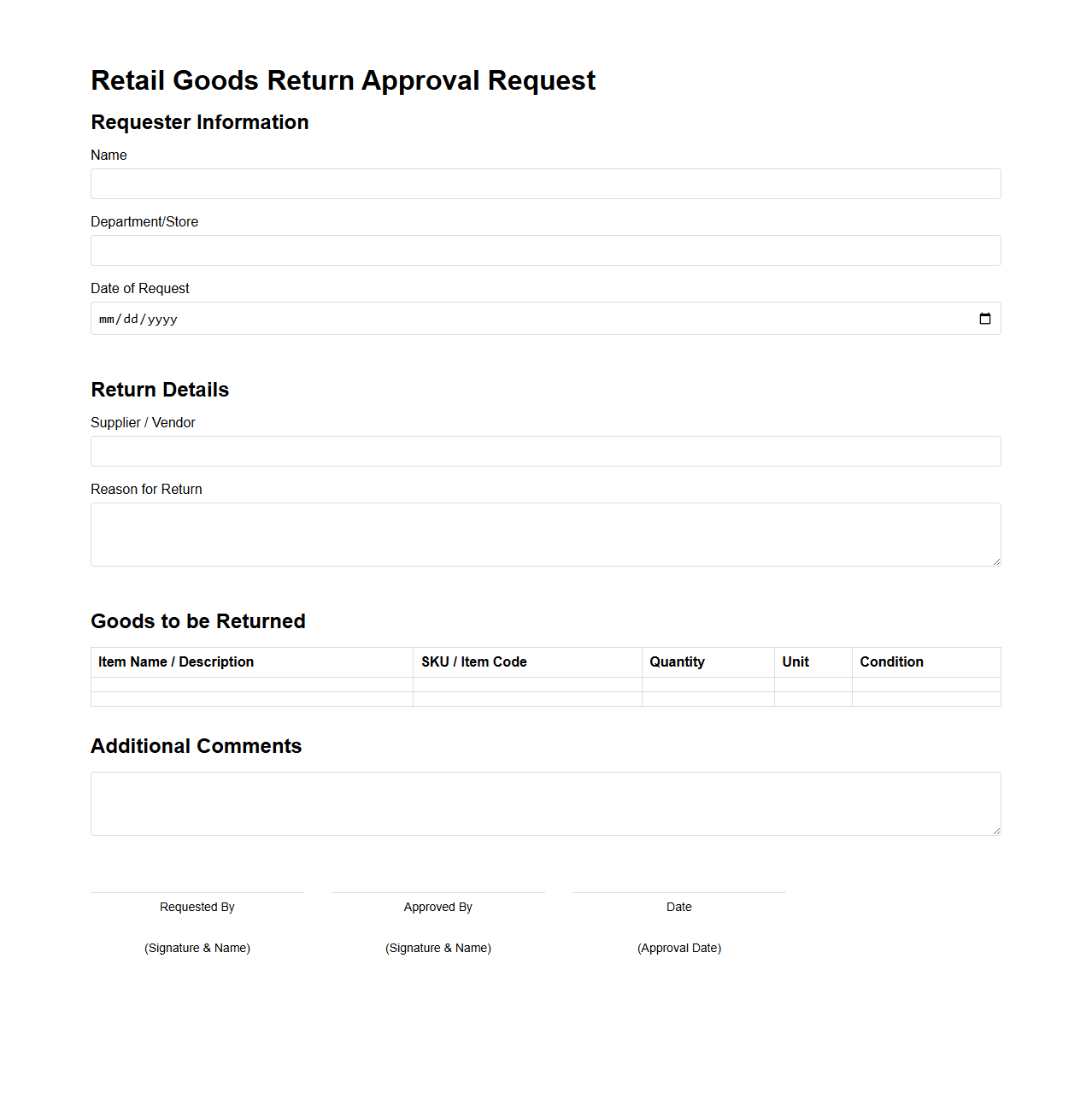 Retail Goods Return Approval Request Sample