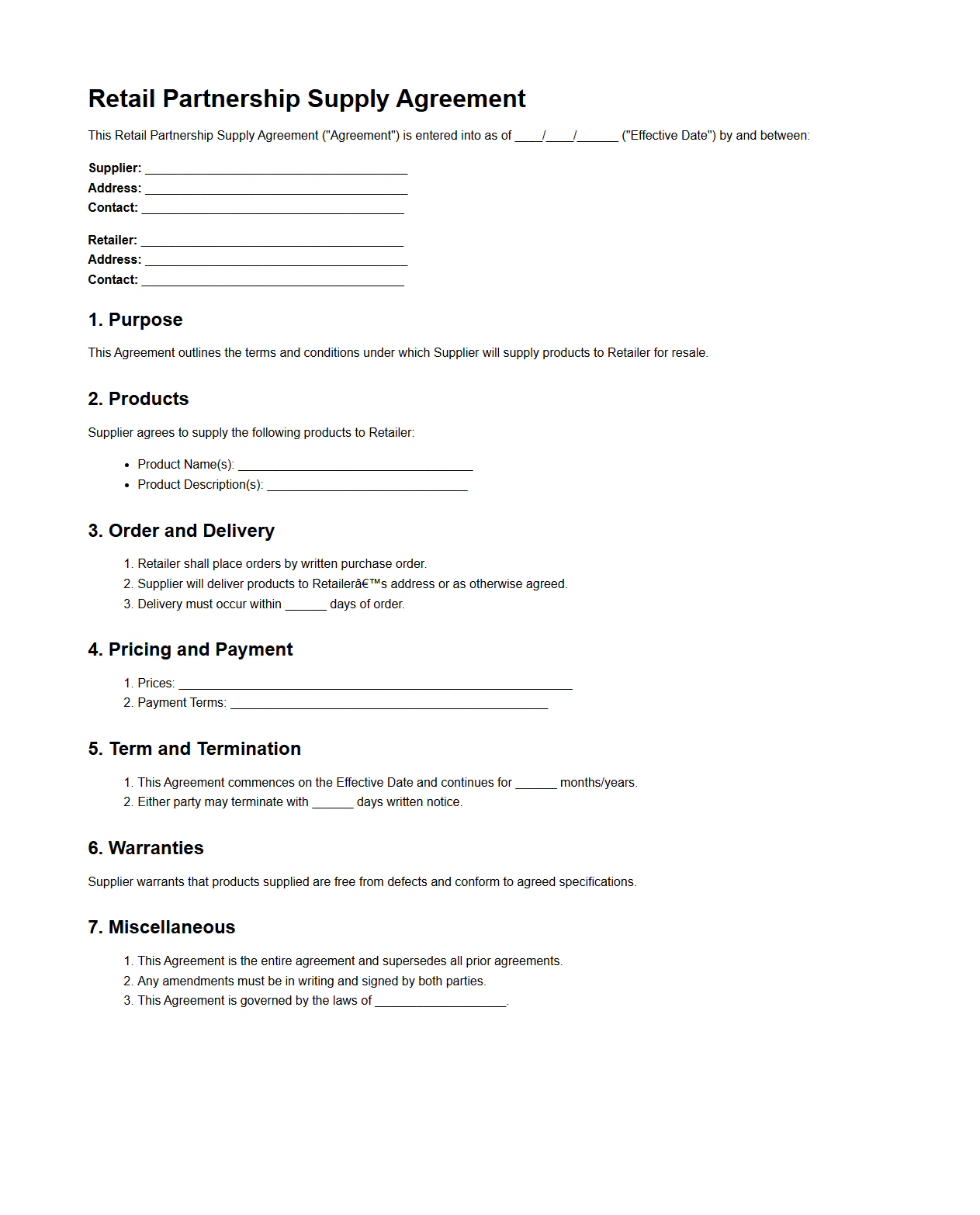 Retail Partnership Supply Agreement