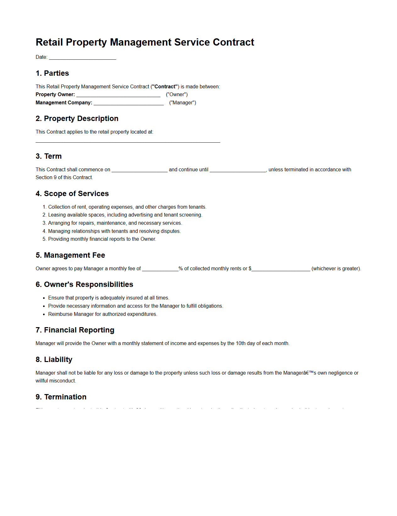 Retail Property Management Service Contract Sample