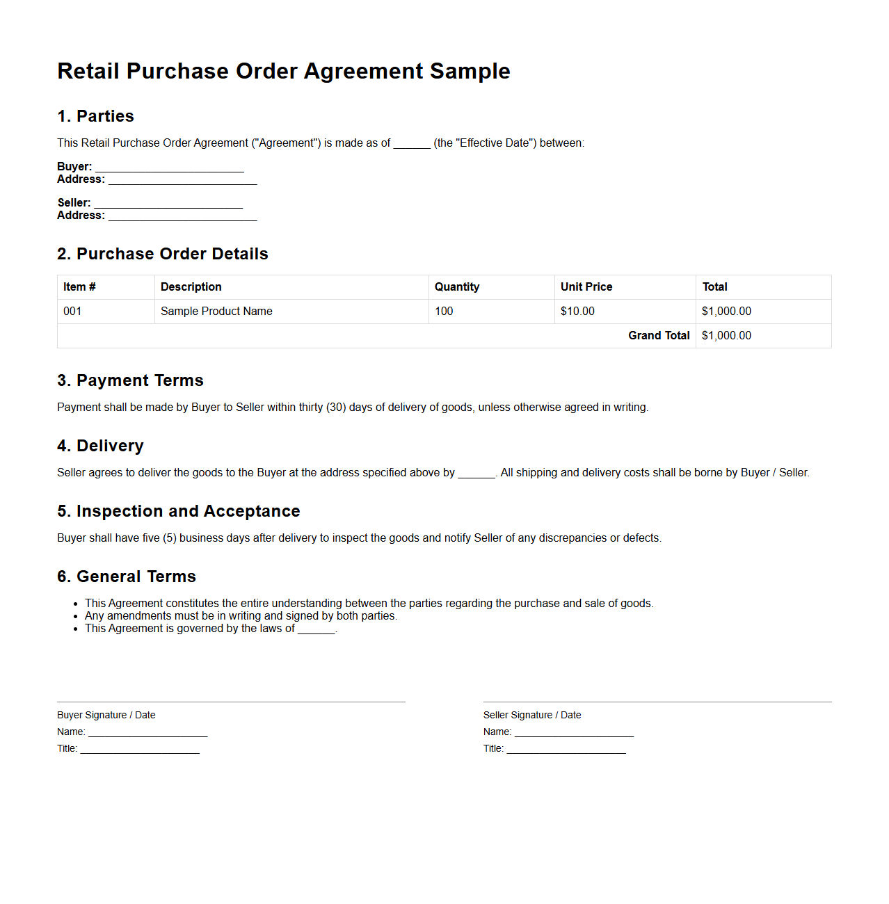 Retail Purchase Order Agreement Sample