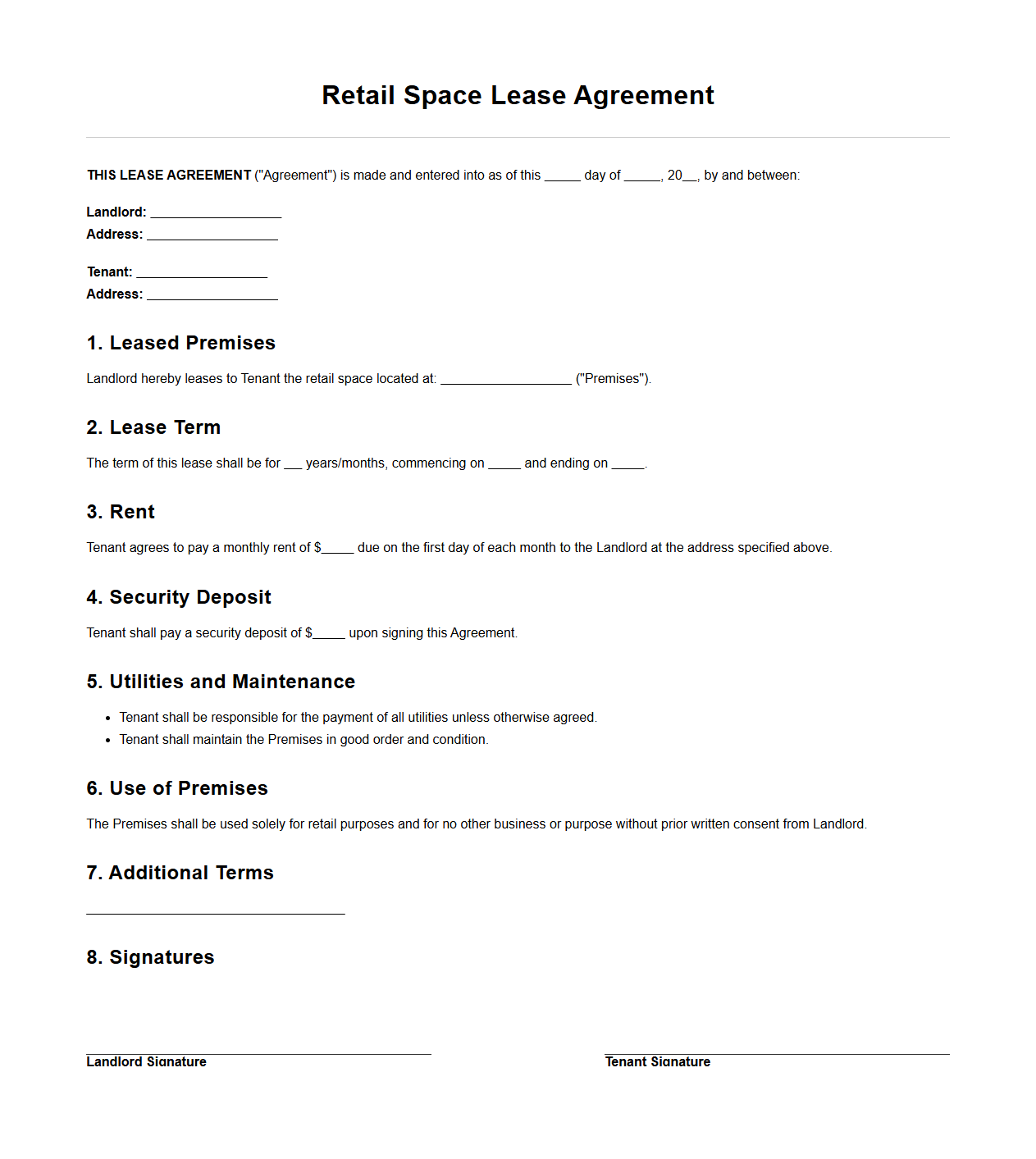 Retail Space Lease Agreement Format