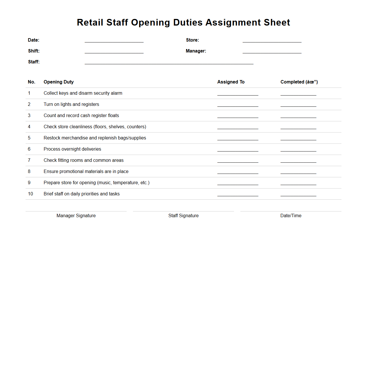 Retail Staff Opening Duties Assignment Sheet