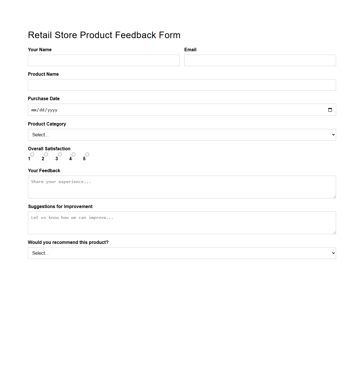 Retail Store Product Feedback Form Example