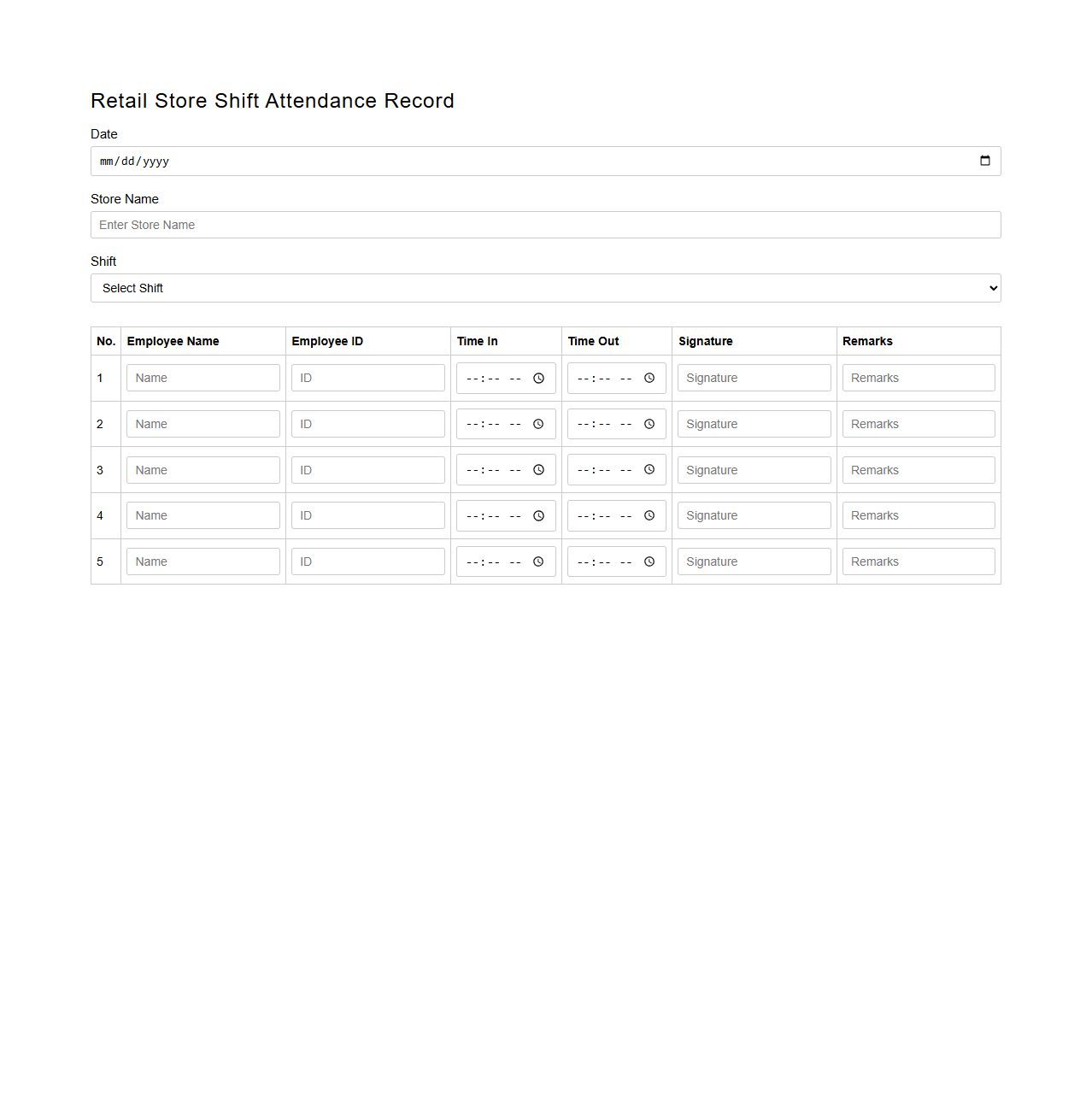 Retail Store Shift Attendance Record Form