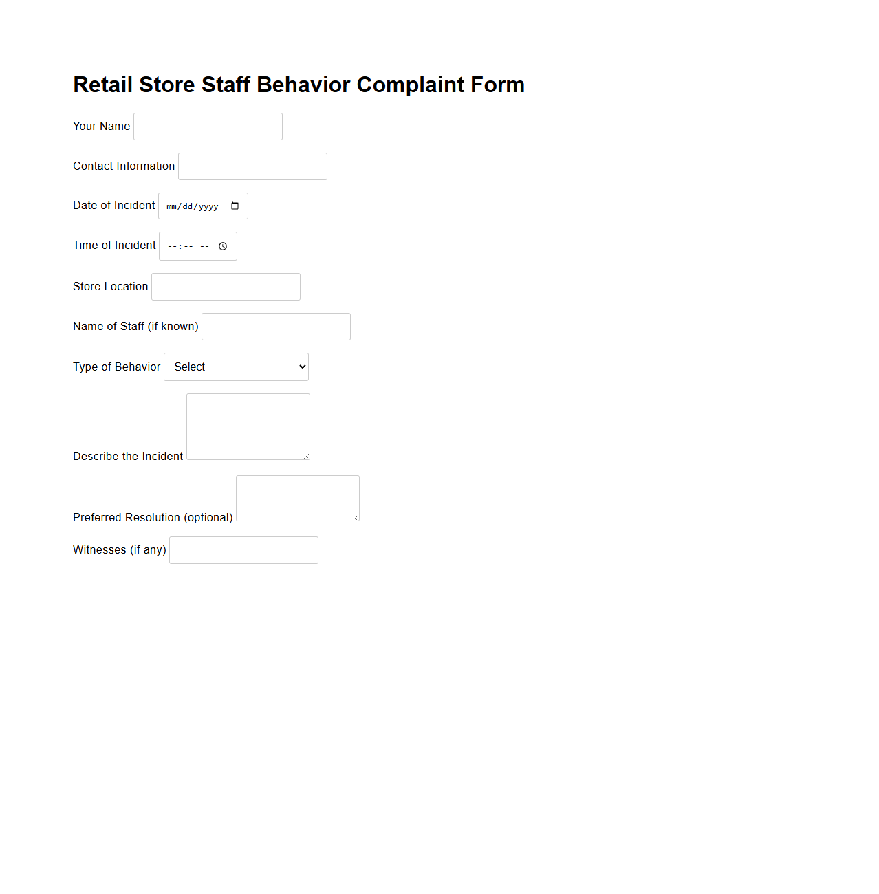 Retail Store Staff Behavior Complaint Form