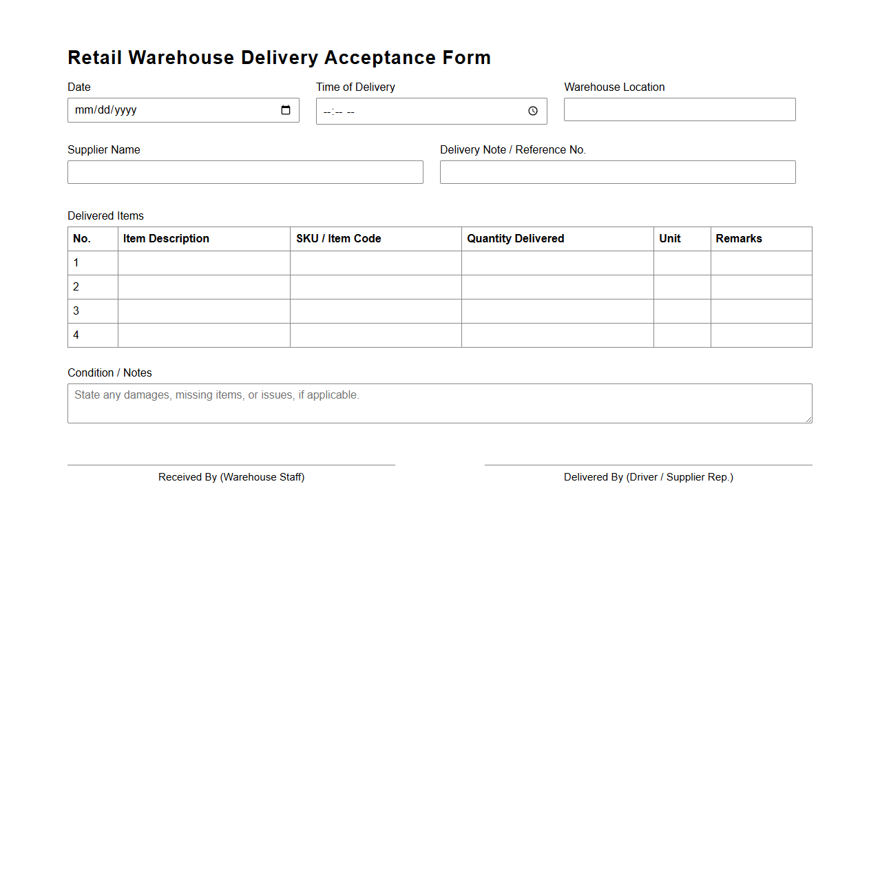 Retail Warehouse Delivery Acceptance Form