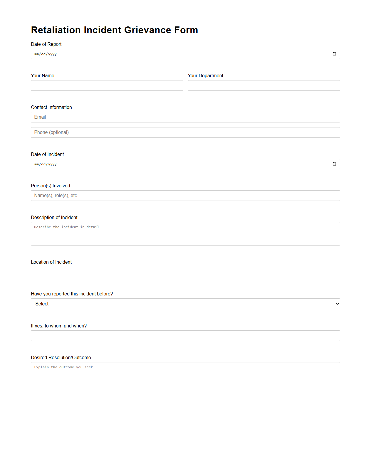 Retaliation Incident Grievance Form Layout