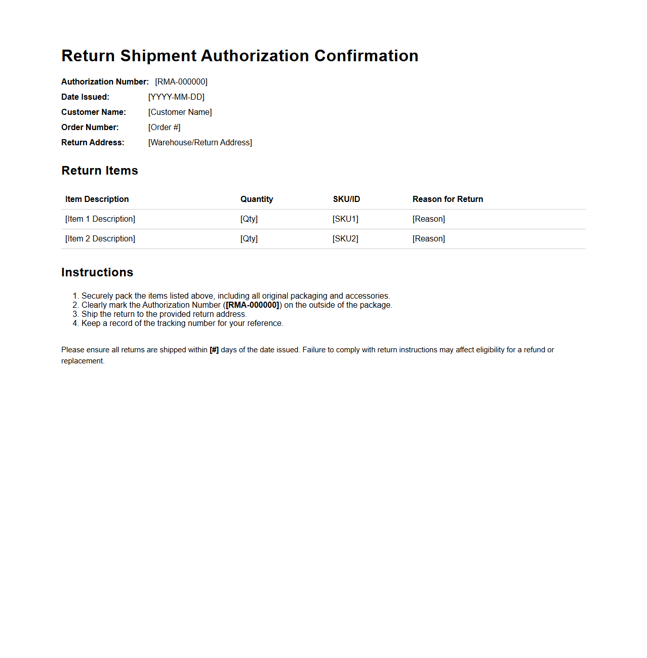 Return Shipment Authorization Confirmation Template