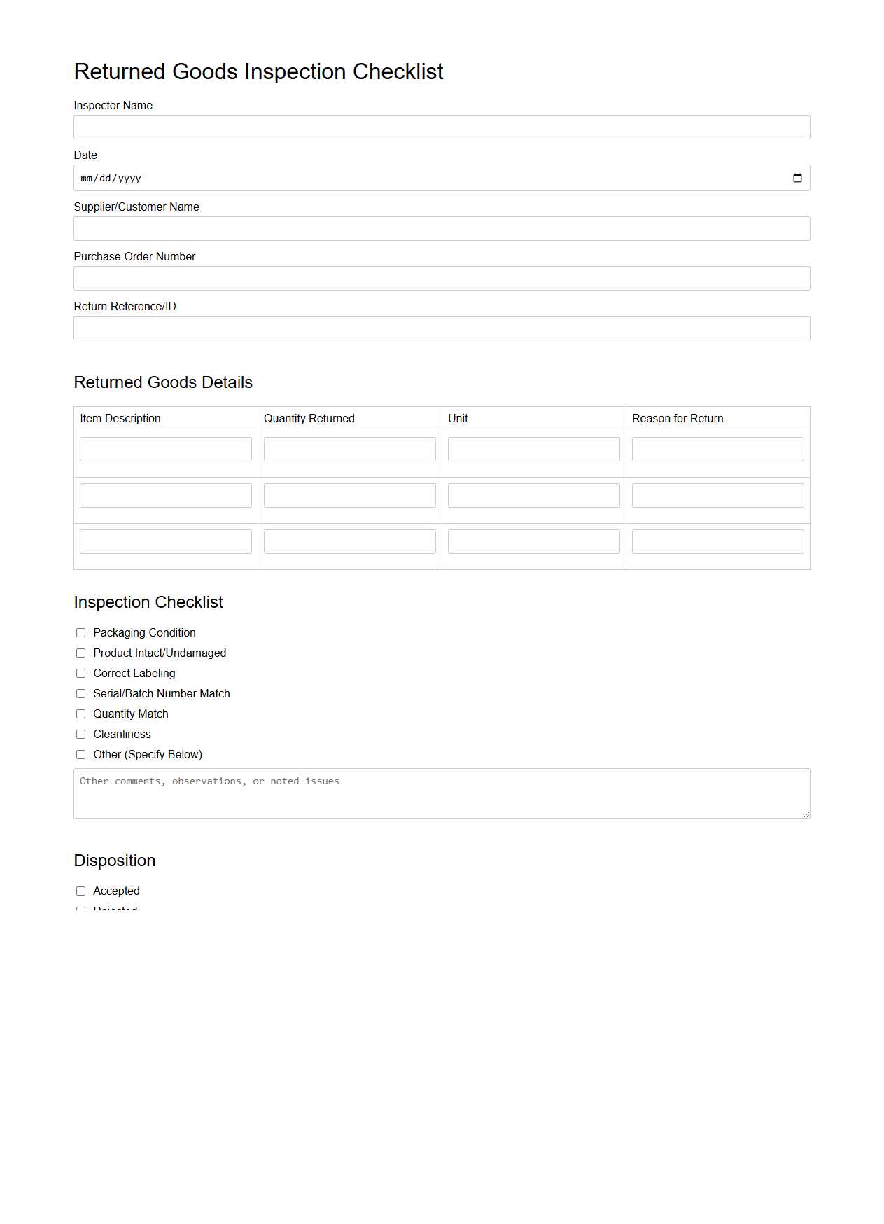 Returned Goods Inspection Checklist Sample