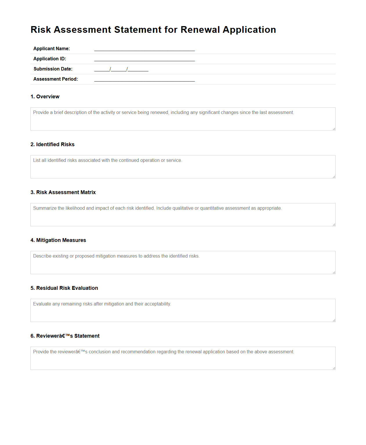 Risk Assessment Statement for Renewal Application
