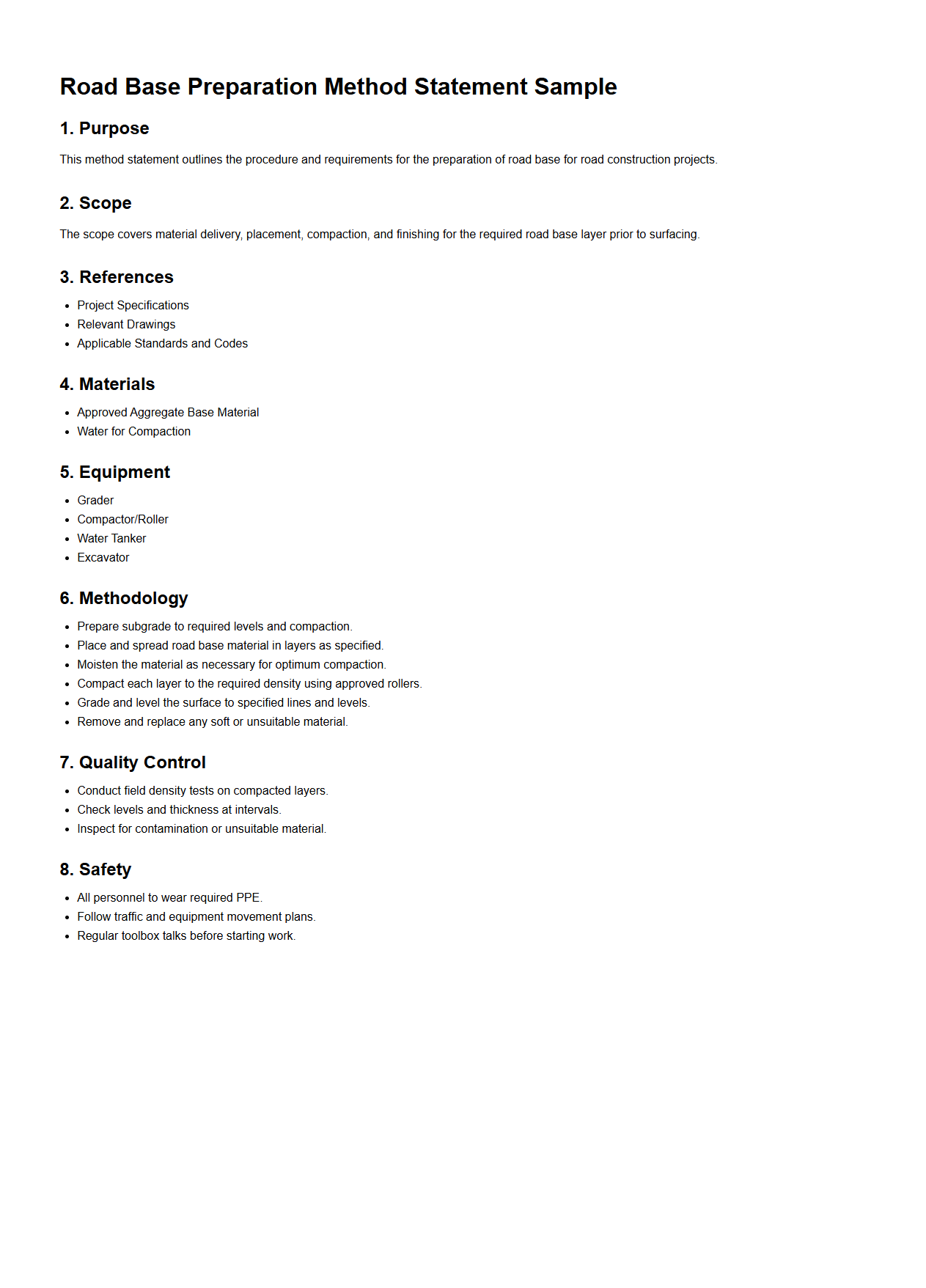 Road Base Preparation Method Statement Sample