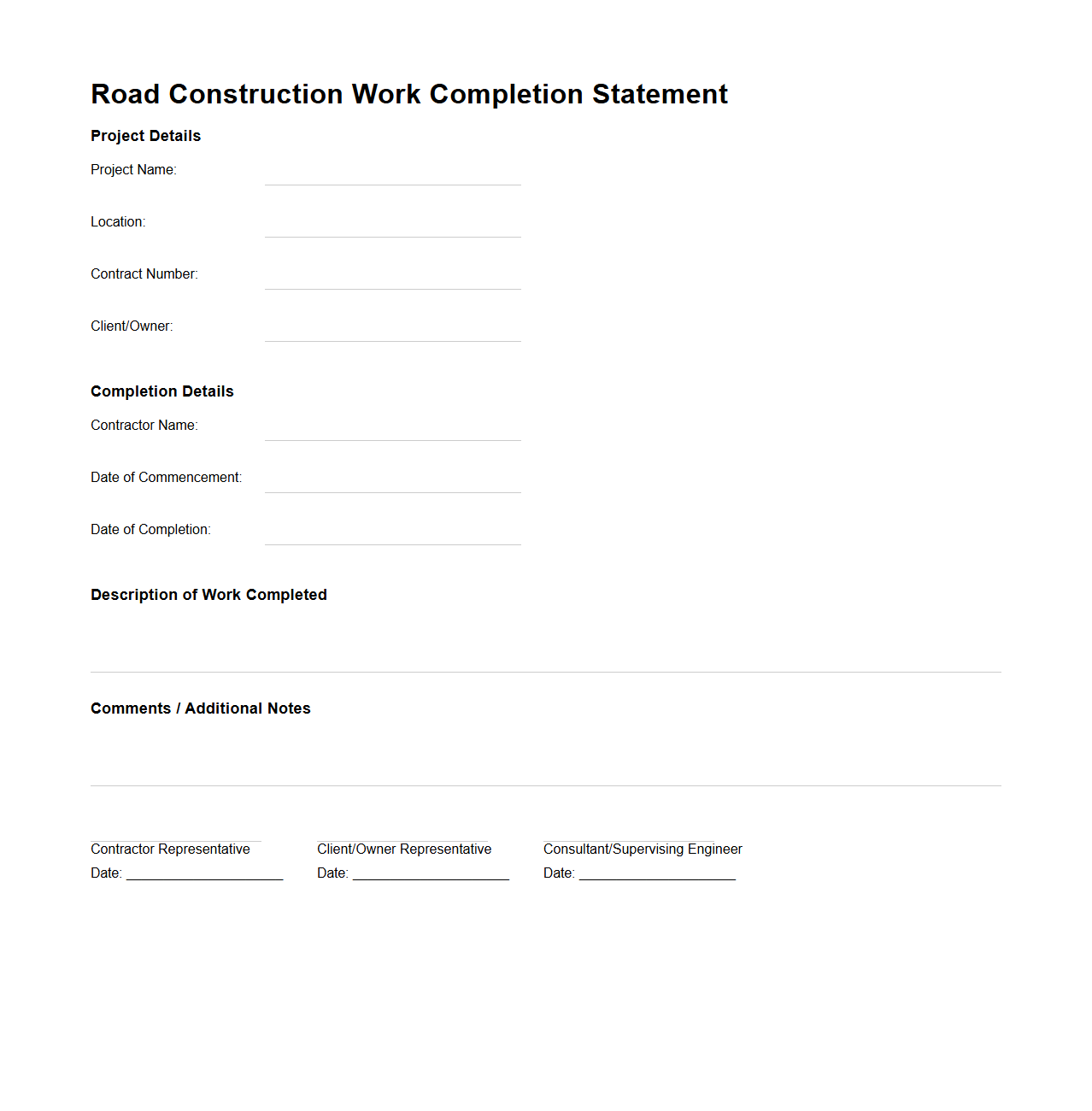Road Construction Work Completion Statement Template