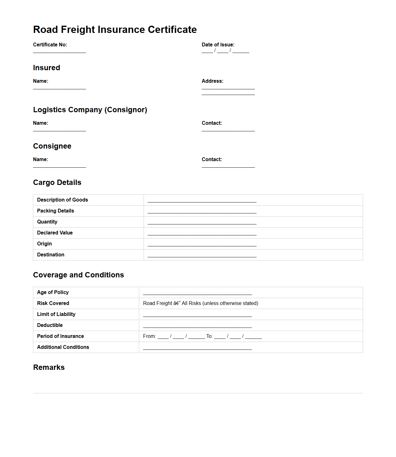 Road Freight Insurance Certificate Example for Logistics Services