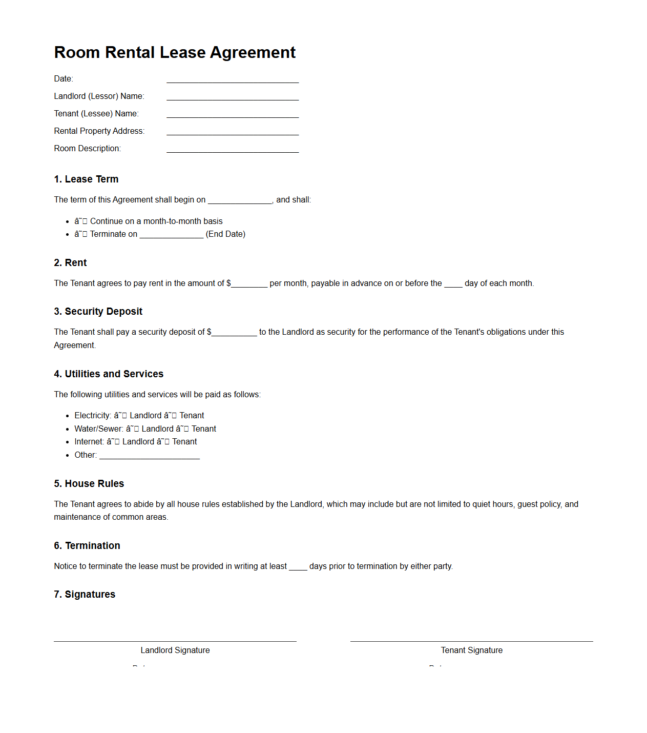 Room Rental Lease Agreement Sample