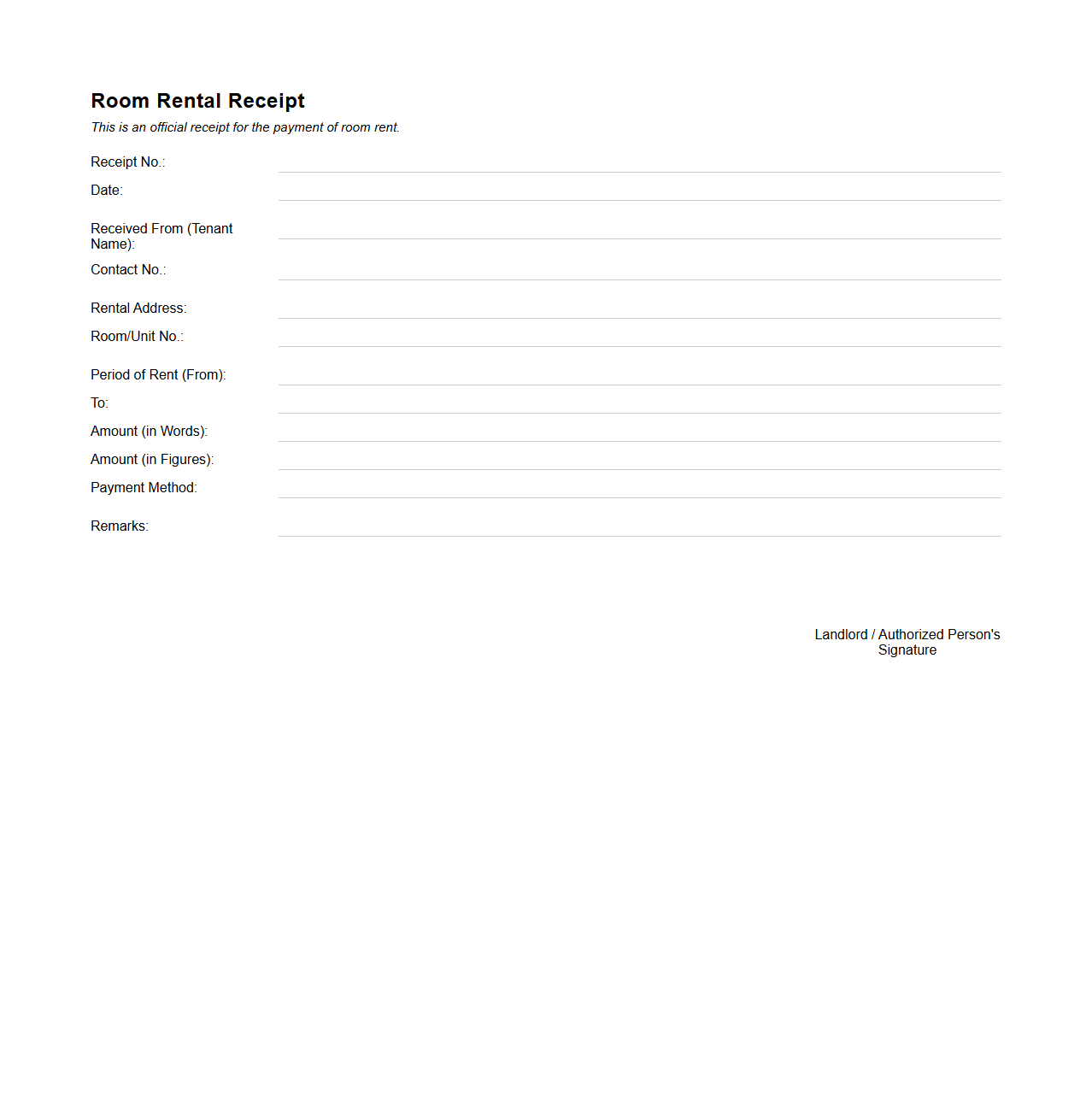Room Rental Receipt Format for Tenants