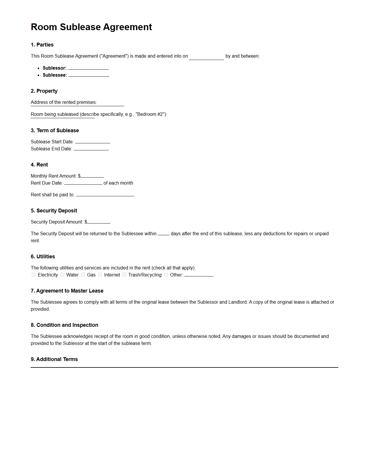 Room Sublease Sample Agreement