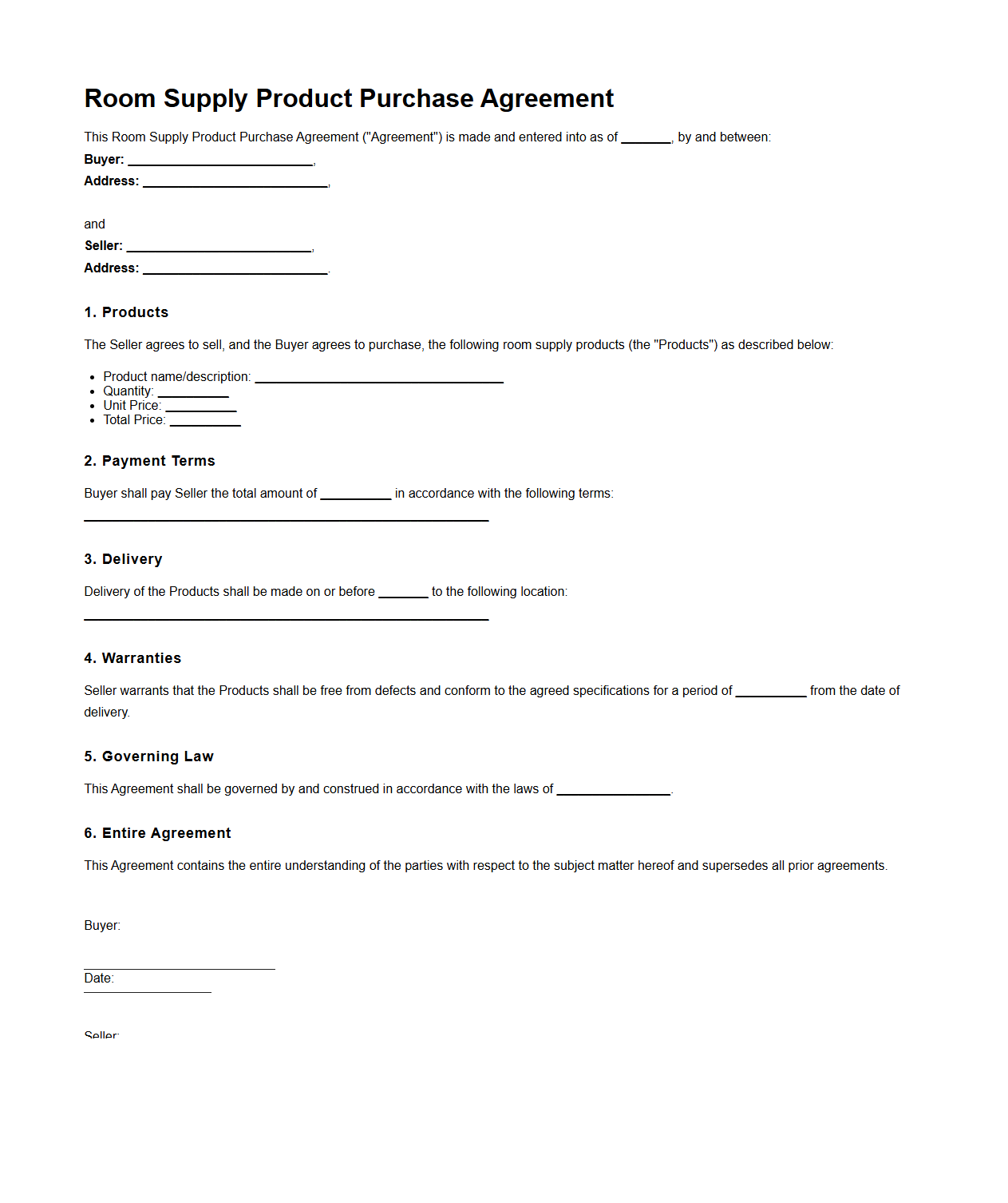Room Supply Product Purchase Agreement Sample