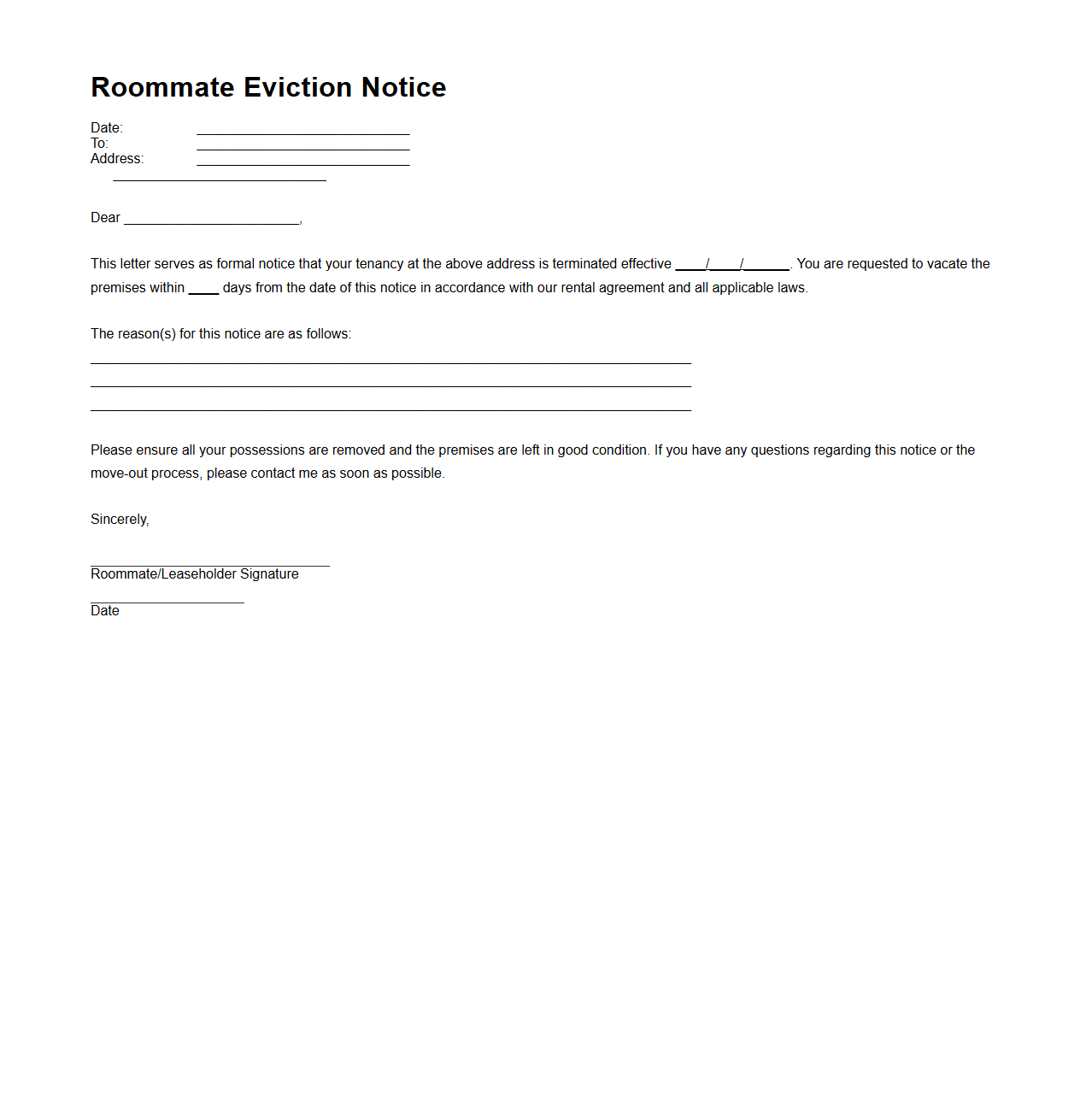 Roommate Eviction Notice Example