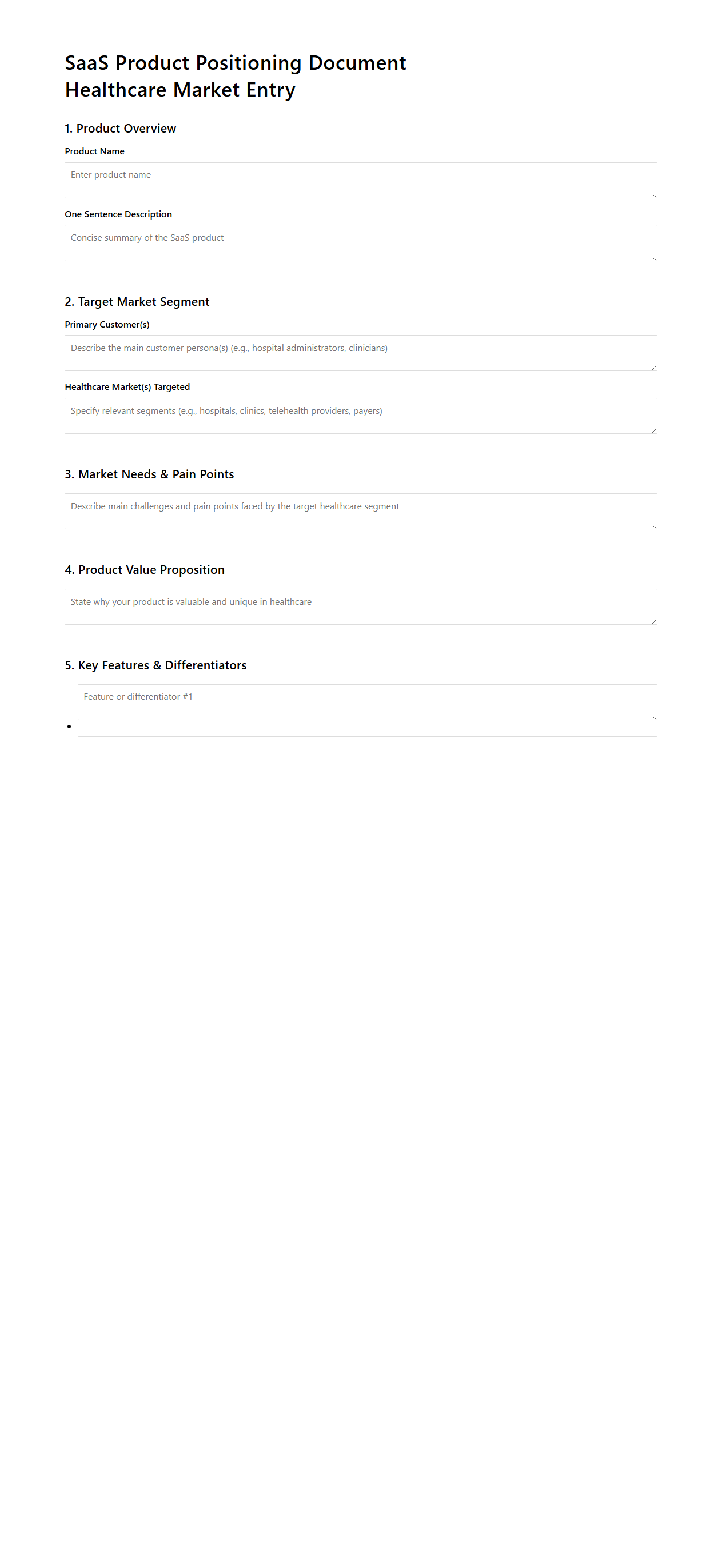SaaS Product Positioning Document for Healthcare Market Entry