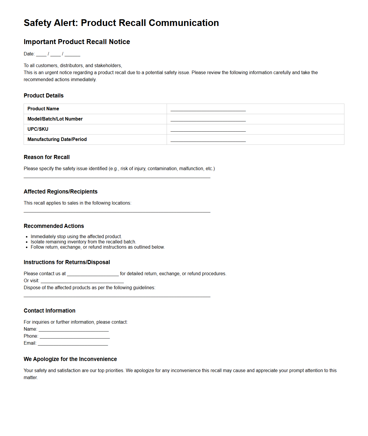 Safety Alert Product Recall Communication Sample