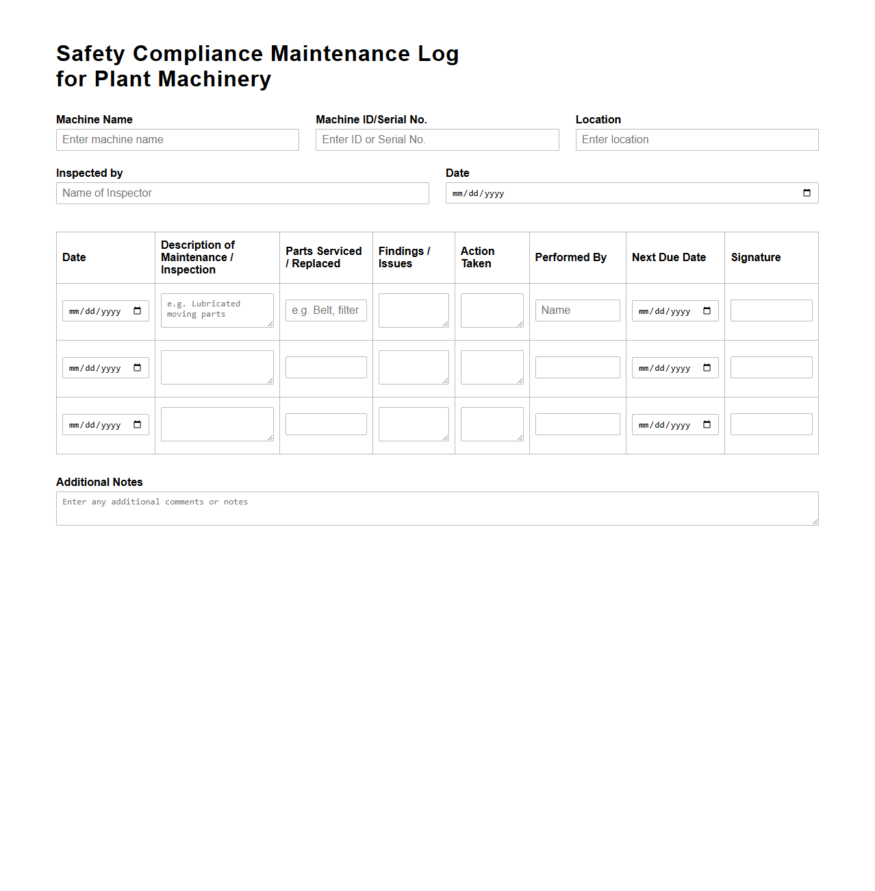 Safety Compliance Maintenance Log for Plant Machinery