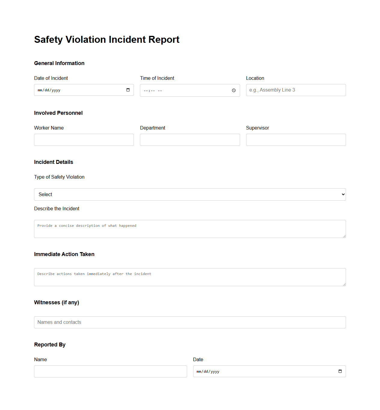 Safety Violation Incident Report for Manufacturing Workers