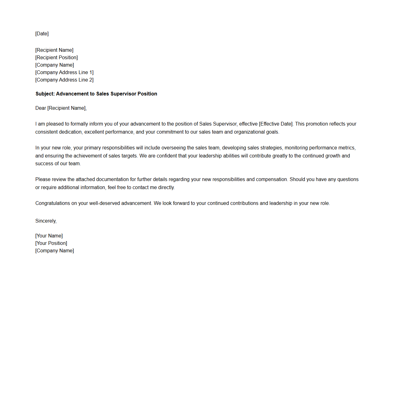 Sales Supervisor Advancement Letter Template