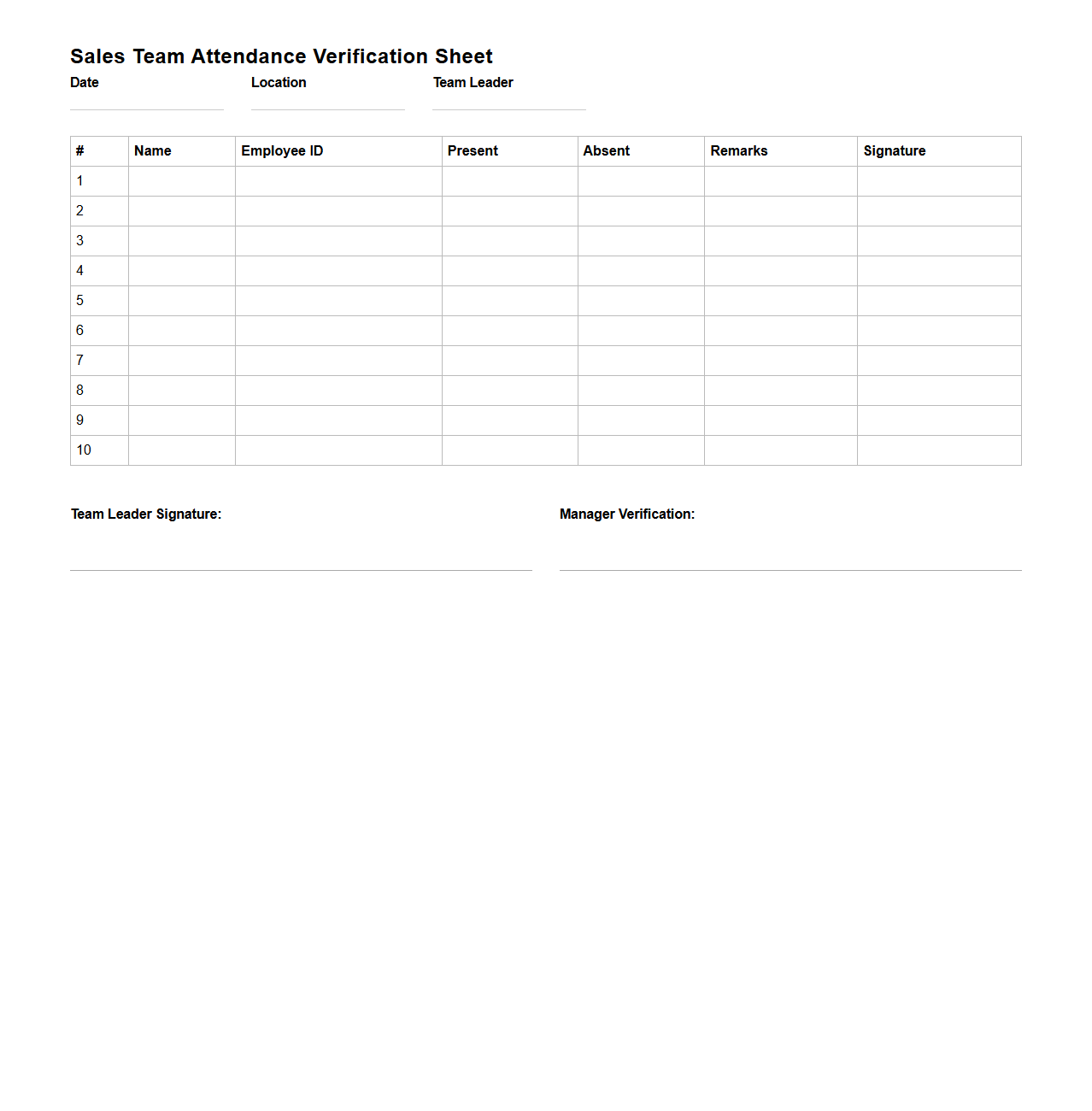 Sales Team Attendance Verification Sheet
