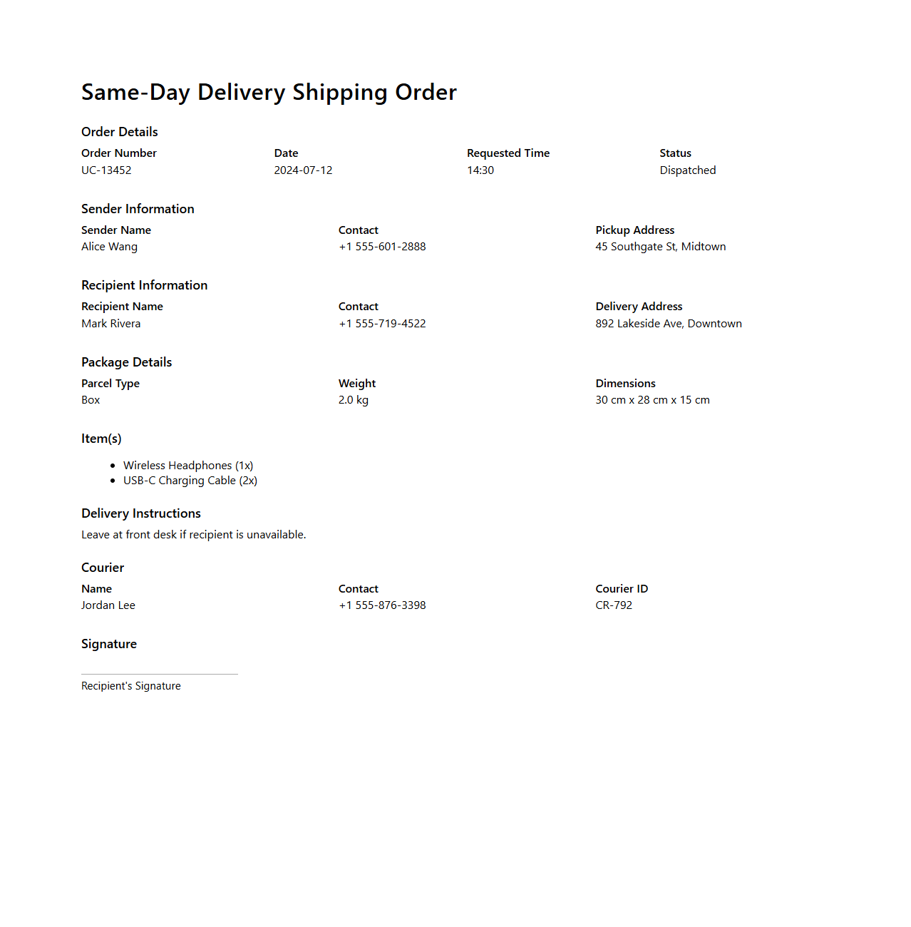 Same-Day Delivery Shipping Order Example for Urban Couriers