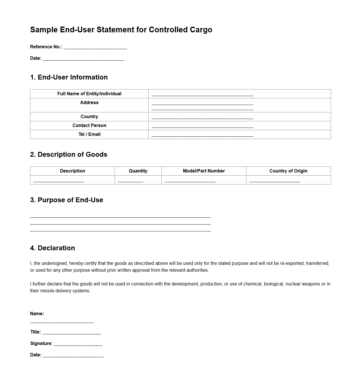 Sample End-User Statement for Controlled Cargo
