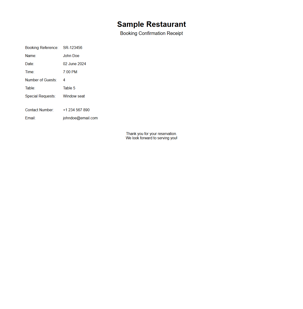 Sample Restaurant Booking Confirmation Receipt
