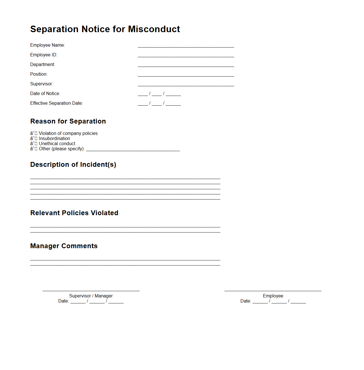 Sample Separation Notice for Misconduct