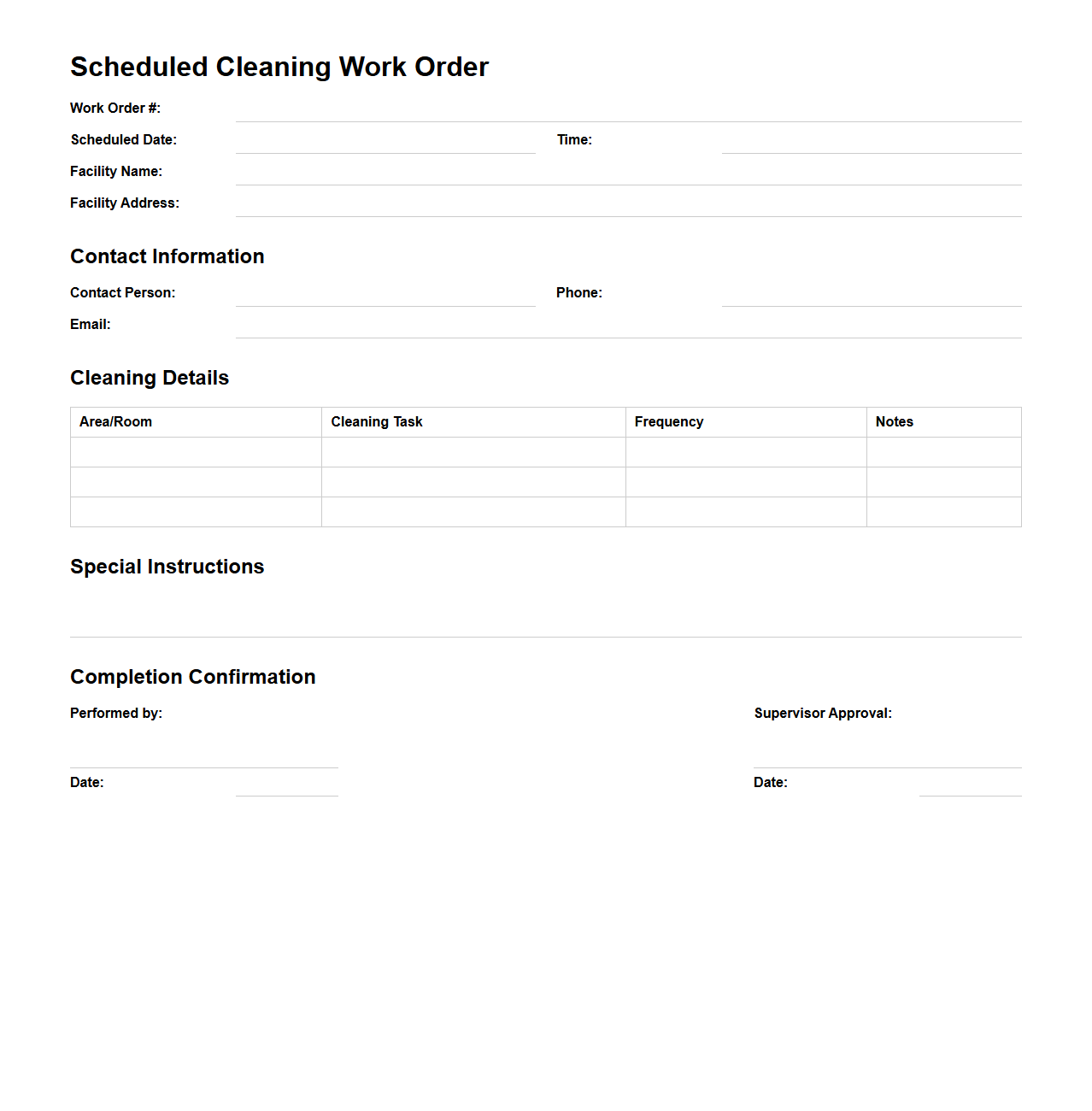 Scheduled Cleaning Work Order for Manufacturing Facilities