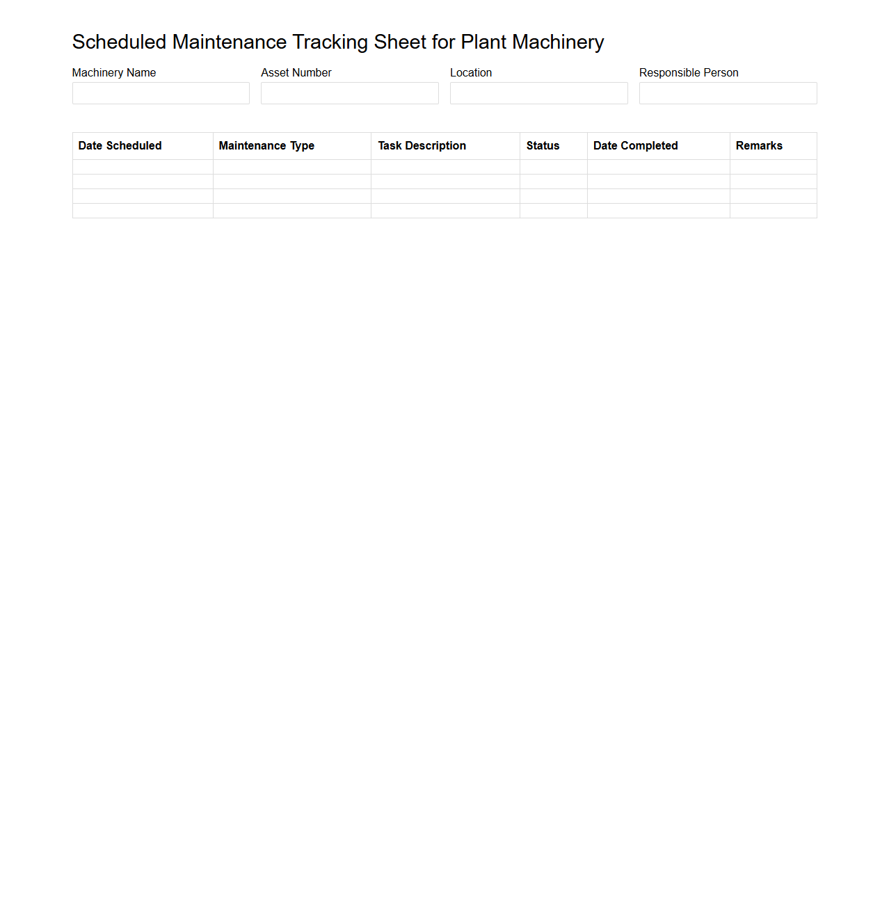 Scheduled Maintenance Tracking Sheet for Plant Machinery