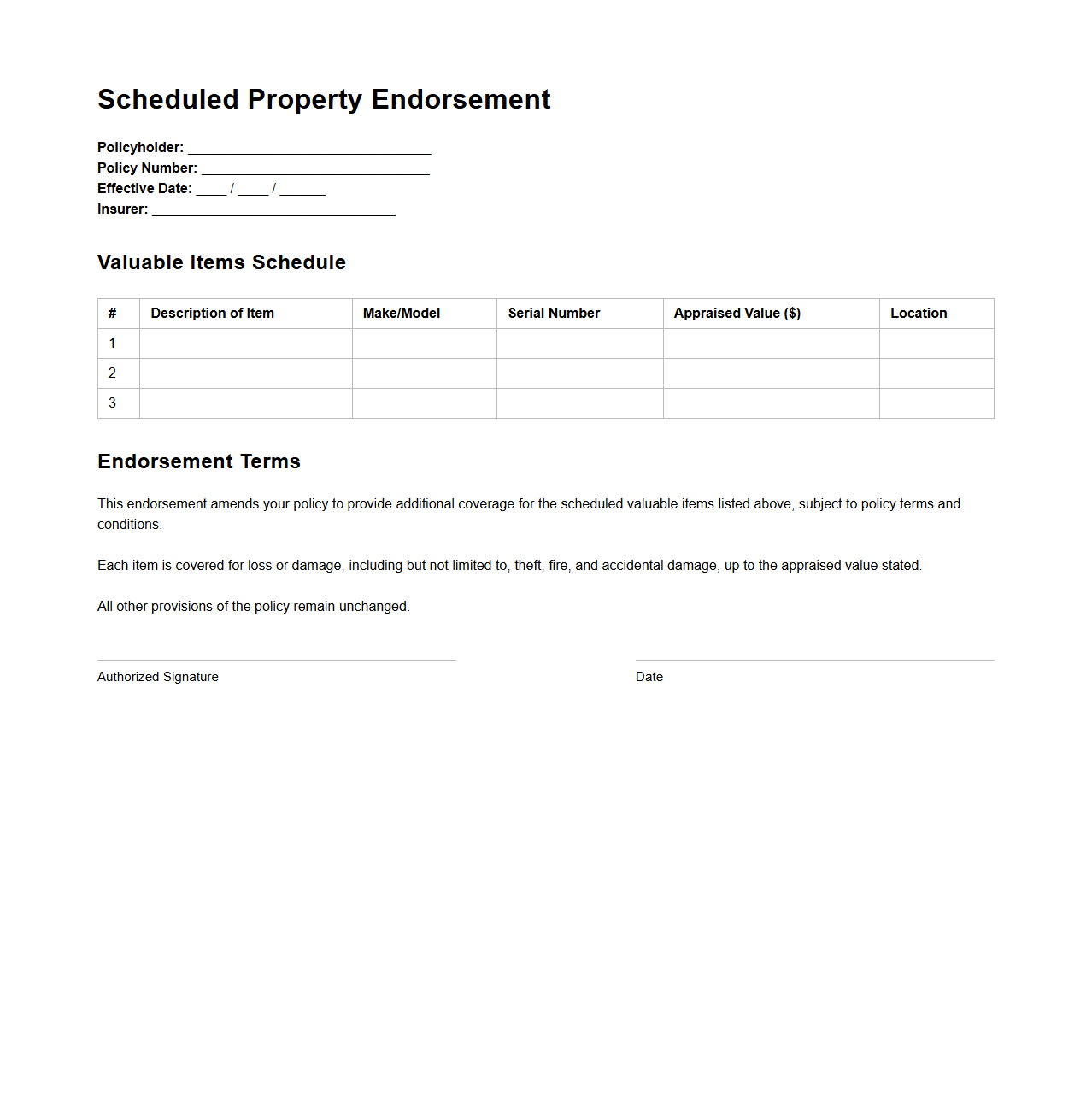 Scheduled Property Endorsement for Valuable Items
