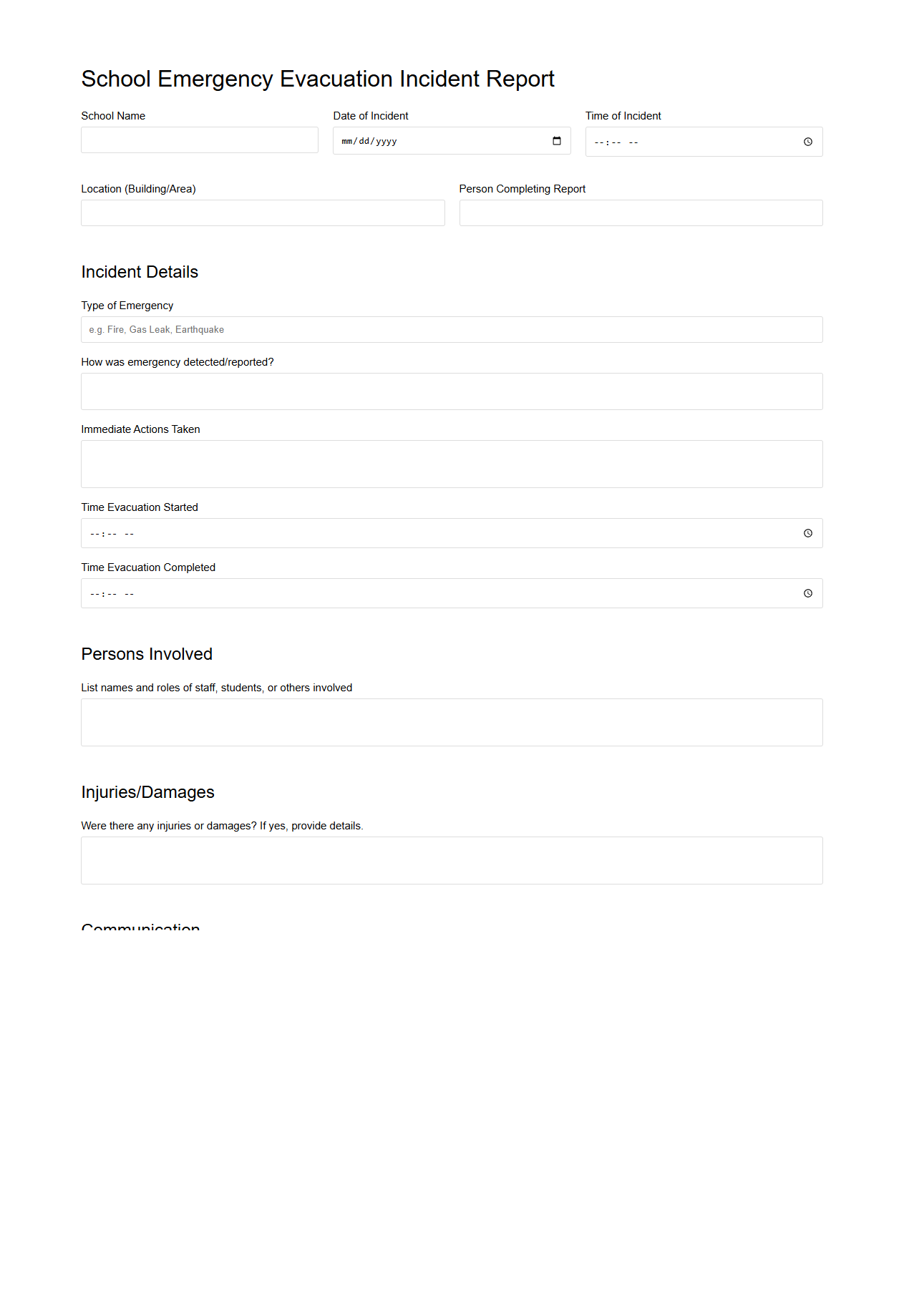 School Emergency Evacuation Incident Report Sample