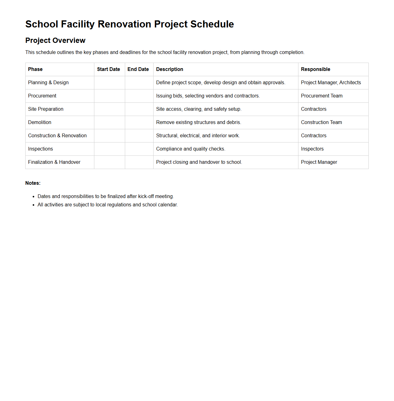 School Facility Renovation Project Schedule