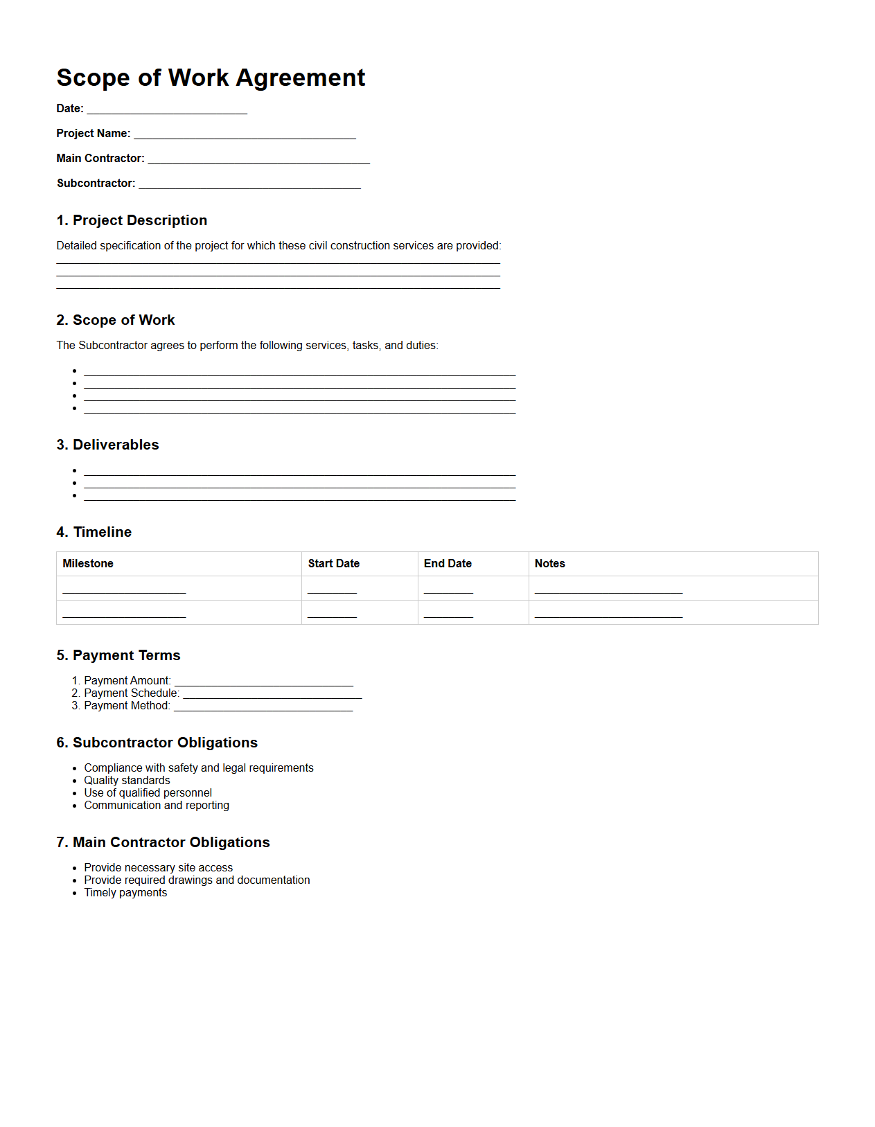 Scope of Work Agreement Template for Civil Construction Subcontractors